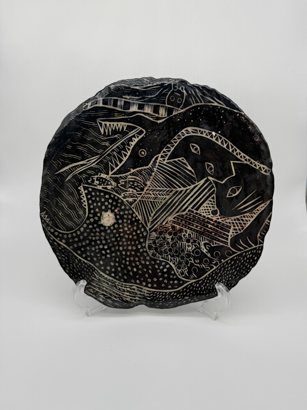 Decorative Platter - Snake & Cat (Black) by Rumiko "Rumi"  Tsuda Estate