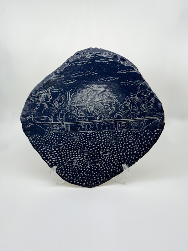 Decorative Platter - Latin American Gods in Boat (Dark Blue) by Rumiko "Rumi"  Tsuda Estate