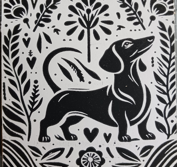 Dachshund mounted on wood plate by dennis gordon