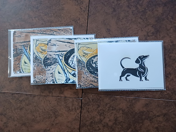 Woodblock Print Note Cards- 4 cappuccion, one dachshund by dennis gordon