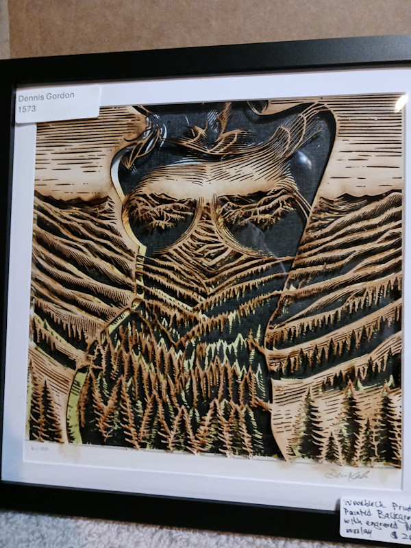 Figure Landscape Woodblock print plus matboard cutout overlay by dennis gordon