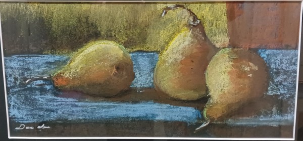Three Pears on Blue Table by dennis gordon