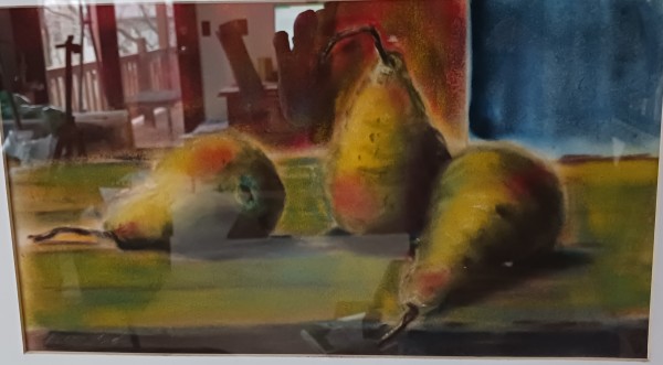 Three Pears on Yellow Table by dennis gordon