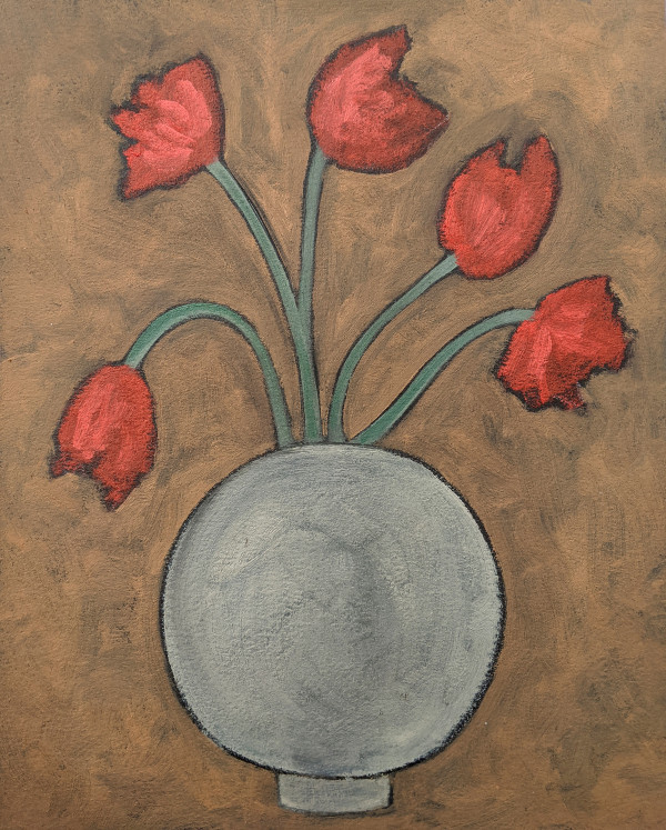 Red Flowers in Round Vase by Kari Breitigam