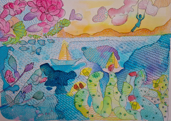 Morska priča 1 (Kolekcija Volim more), akvarel i markeri, 21X29.7 cm, Veli Lošinj, 2024. by Tomislava Mihalj