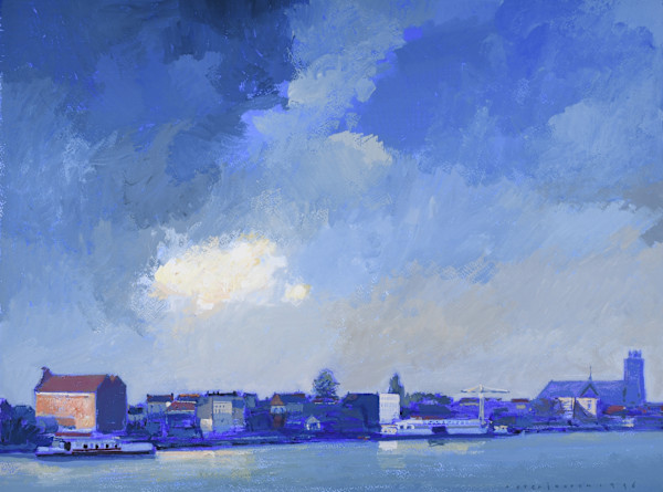 Gouache, 1996 (Dordrecht Grote Kerk Blauw, River View) by Peter Jooren