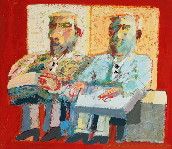 Gouache, 1991 (2 Men with Briefcase) by Peter Jooren