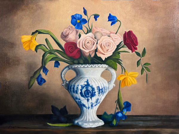 Lush Floral Arrangment in a Porcelain Vase by Rachael Ryan