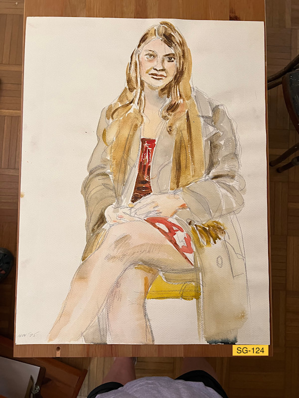 Deborah in Overcoat with Winter Scarf, Seated, Crossed Legs, Yellow Chair by Spence Guerin