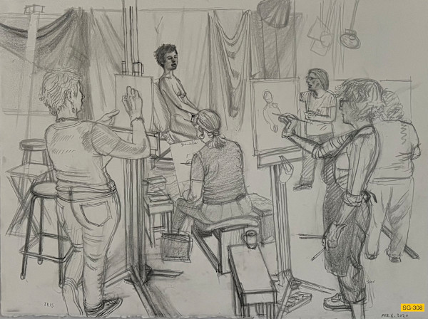 Untitled (Art students drawing a nude female model, narrative) by Spence Guerin
