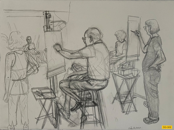 Untitled (Art students drawing a nude female model, narrative) by Spence Guerin