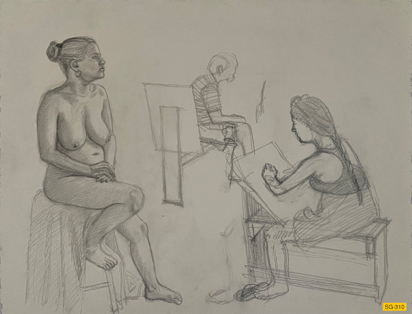 Untitled (Art students drawing a nude female model, narrative) by Spence Guerin