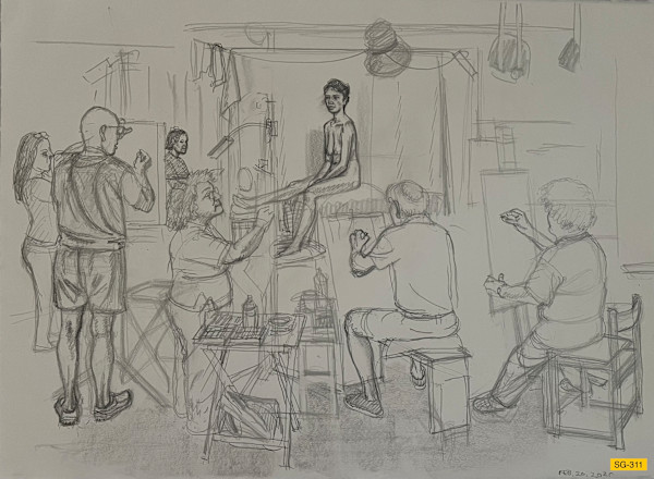 Untitled (Art students drawing a nude female model, narrative) by Spence Guerin