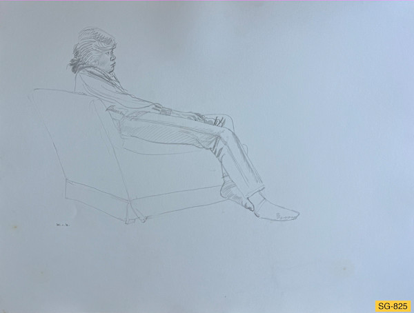 Untitled (Figure drawing, clothed young woman, lying back in a chair) by Spence Guerin