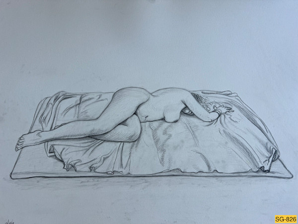 Untitled (Figure drawing nude female model lying down on a pad and blanket) by Spence Guerin