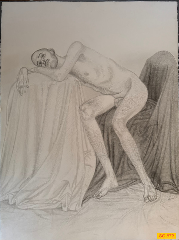 Untitled (Figure Drawing, Lean, Boney Young Man, Seated, Leaning onto a Draped Stool) by Spence Guerin
