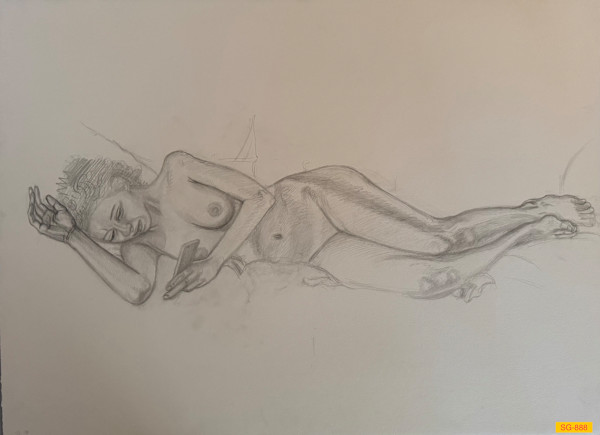 Untitled (Figure Drawing, Young Woman Laying on her Side with a Cell Phone) by Spence Guerin