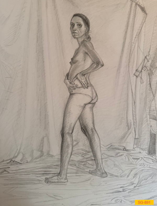 Untitled (Figure Drawing, Female Model, Standing, Body Turned to Look Over Left Shoulder) by Spence Guerin
