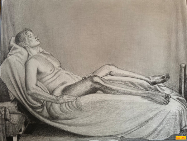 Untitled (Figure Drawing, Nude Male Reclining on Chaise Lounge) by Spence Guerin