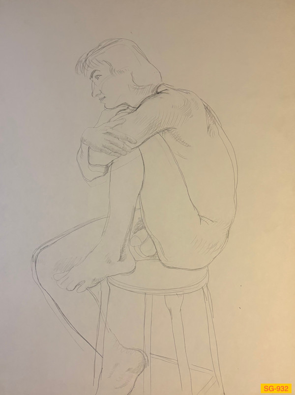 Untitled (Nude male model seated on a studio stool) by Spence Guerin