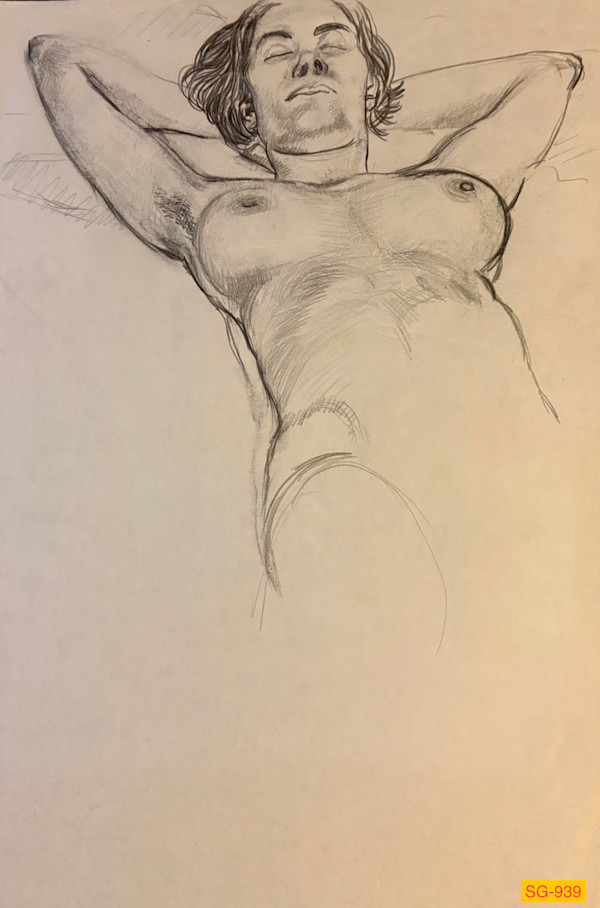Untitled (Figure drawing, female nude on her back, hands behind her head) by Spence Guerin