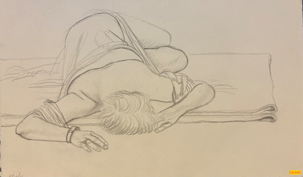 Untitled (Figure drawing, female nude lying on folded blanket on the floor) by Spence Guerin