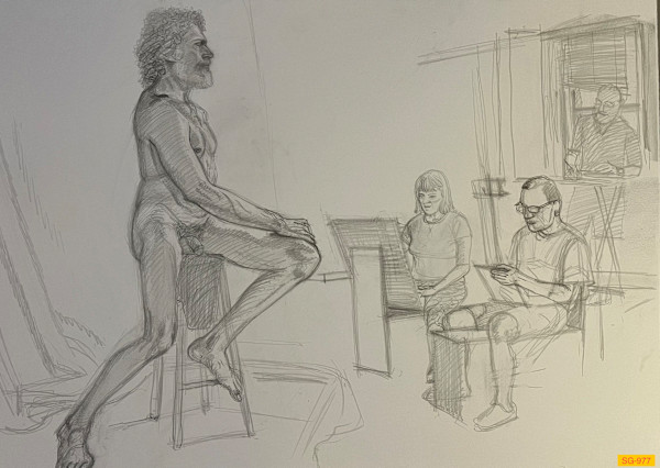 Untitled (Art students drawing nude male model, narrative) by Spence Guerin