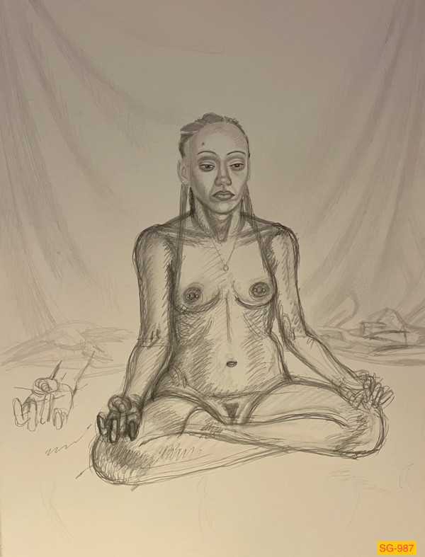 Untitled (Figure drawing of female nude in modified lotus pose) by Spence Guerin