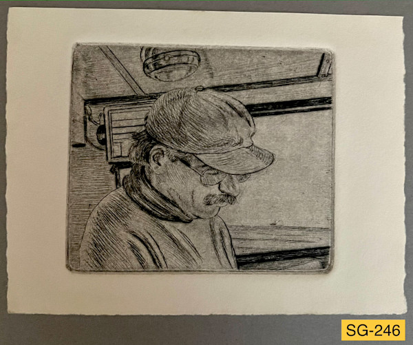 Russell, Aboard the Celeste drypoint #1 by Spence Guerin