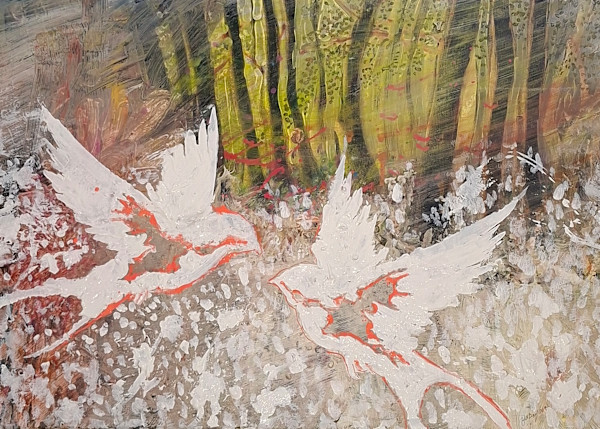 Doves in a Shimmering Landscape by Yvonne Cavens