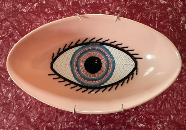 Eyeplate Bowl (pink w blue target) by Mary Jo Karimnia, Image 1.