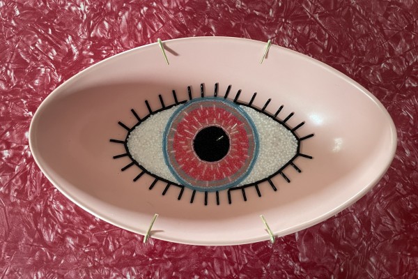 Eyeplate Bowl (pink w blue) by Mary Jo Karimnia, Image 1.
