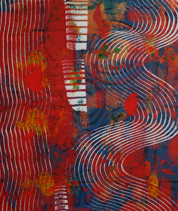 Red Tensions Acrylic Monoprint by Judith Beale