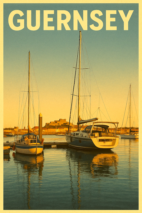 Guernsey Harbour Vintage digital illustration by michelle