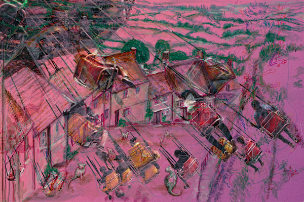 Swings and the village by Kate Brogdon