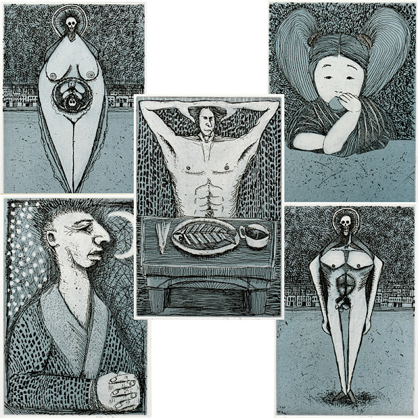Oaxaca Suite (blue): a set of #1/10 of each of the 5 images in cloth-bound folio 1/5 by Charles H. Stinson