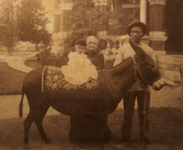 Man holding mule for child portrait