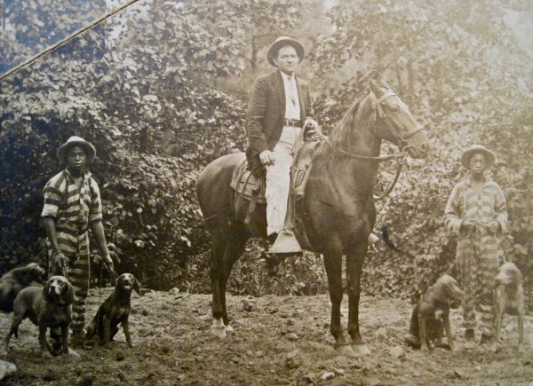 Guard, men in shackles, dogs