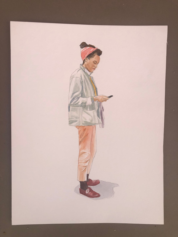 Woman looking at phone, red scarf by Julia Wolinsky