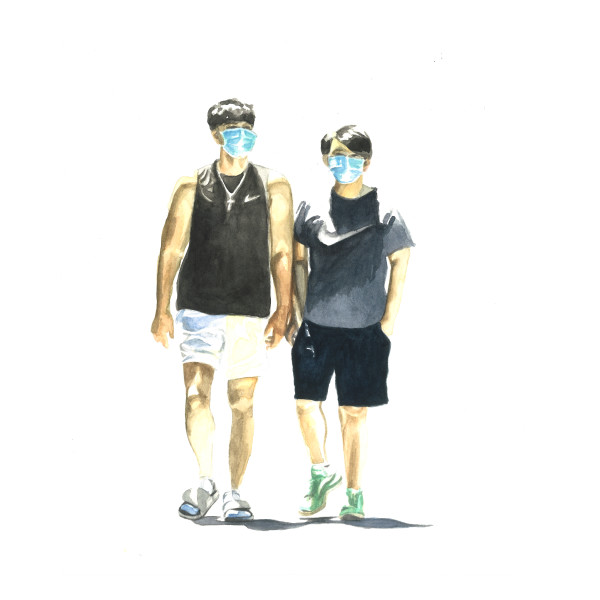 Two men walking with masks by Julia Wolinsky
