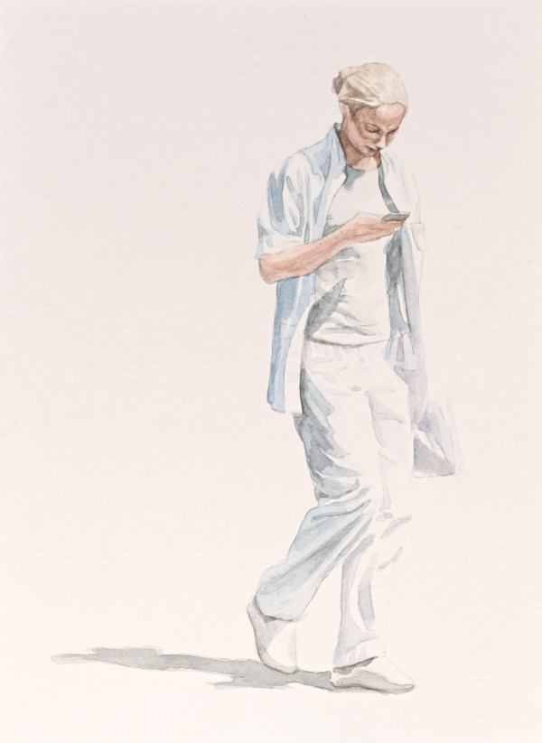 Woman looking at phone, white shirt by Julia Wolinsky