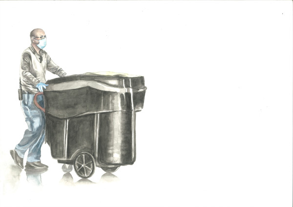 Man with garbage can by Julia Wolinsky