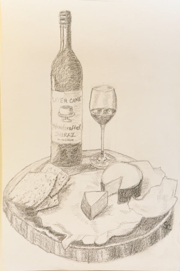 Fromage and Vino: A Sketch in Graphite by Shelley Crouch