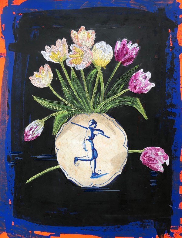It’s in our DNA, Tulips in Delft Blue Vase by Irmgard Geul