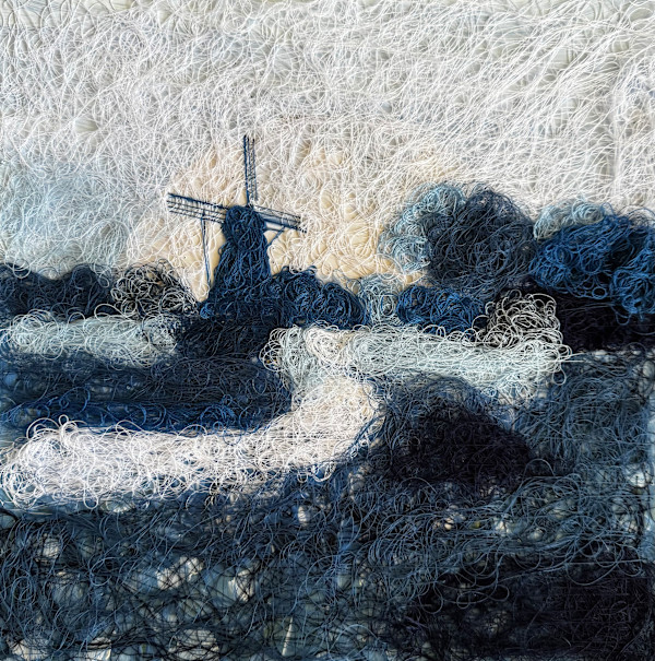 Windmill Scene in Delft Blue by Irmgard Geul