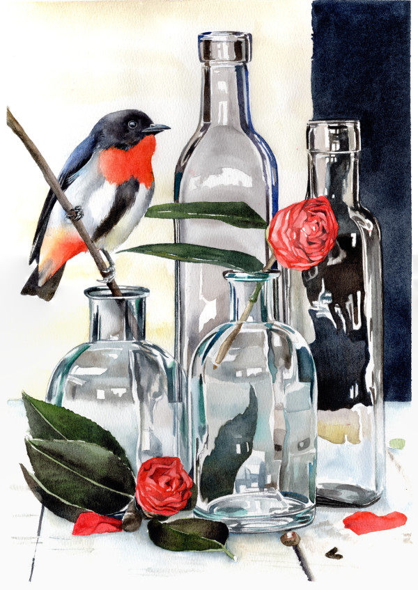 Mistletoe Bird with Camellias and Glass by Polla Posavec