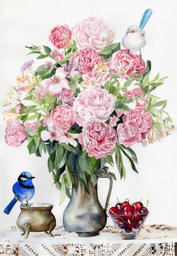 Splendid Wrens with Vase of Peonies by Polla Posavec