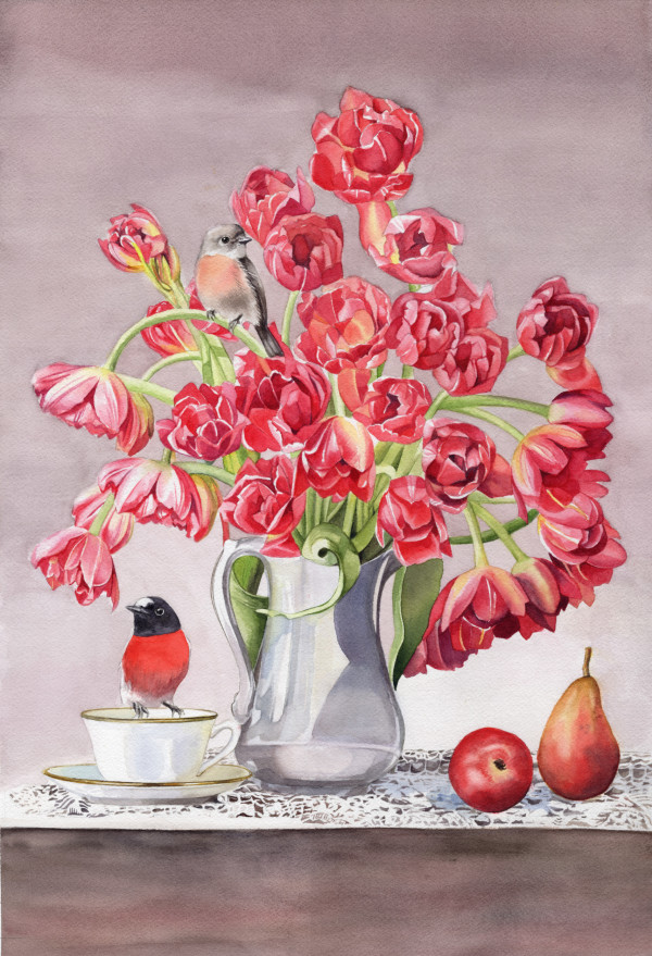 Scarlet Robin and Jug of Tulips by Polla Posavec