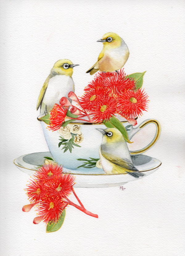 Silvereyes and Flowering Gum by Polla Posavec