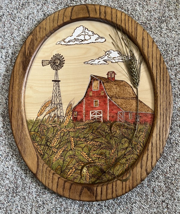 Kansas Harvest Scene Woodburning by Don Buhler